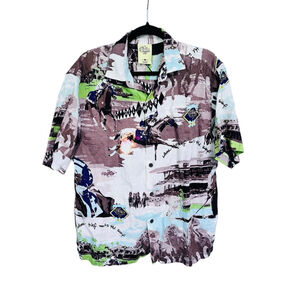 Breeders Cup Linen Del Mar Race Horse Race Short Sleeve Button Shirt Size Medium